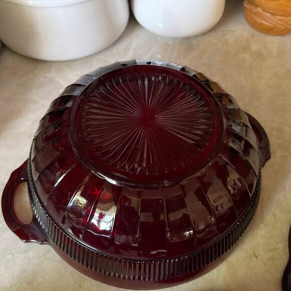Vtg Coronation-Royal Ruby Handled Salad 7 PC Set Anchor Hocking Depression Glass - Picture 6 of 11